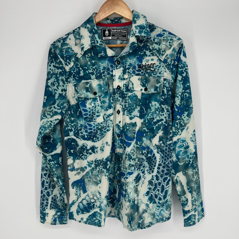 Kryptek Mens Button Down Fishing Shirt Sz S Vented Pockets Outdoor Camo Blue